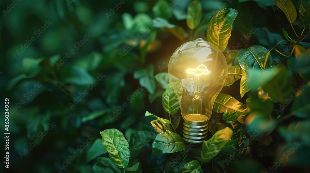 Poster a single light bulb sits atop a leaf-covered tree branch