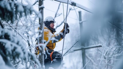 Engineer Working on Power Line Maintenance in Snow. Engineer in safety gear works on power line maintenance in snowy condition