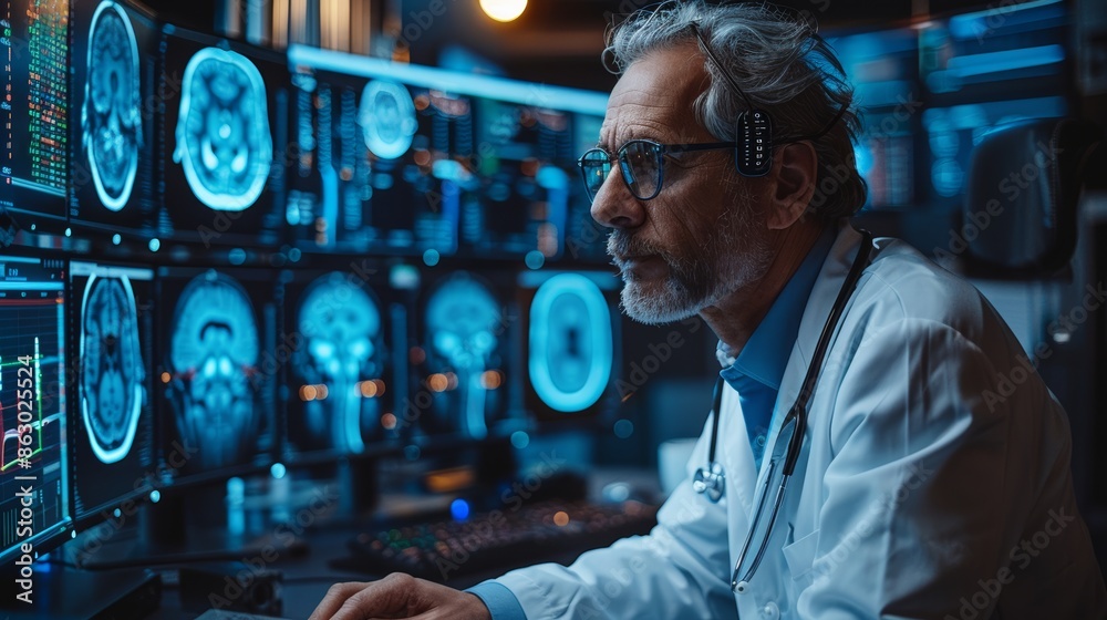 Poster A doctor using a neural interface to directly access a patient's brainwaves to diagnose neurological conditions.