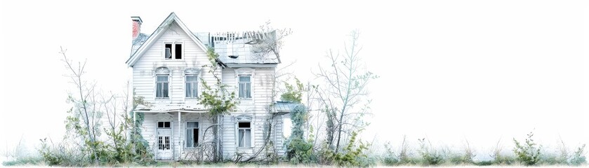 Obraz premium Old abandoned house with overgrown plants on a white background, creating a lonely and eerie atmosphere.