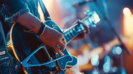 Close-up of a musician playing guitar on stage during a concert.