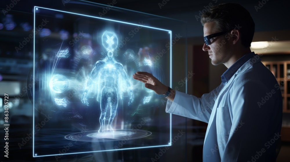 Poster A doctor using a virtual hologram screen to improve the quality of patient care and reduce medical errors.
