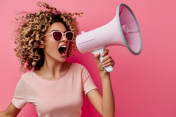 Photo of a woman with curly hair wearing sunglasses and holding up an open megaphone isolated on a pink background, side view. Web banner for social media advertising. The woman shouting through the