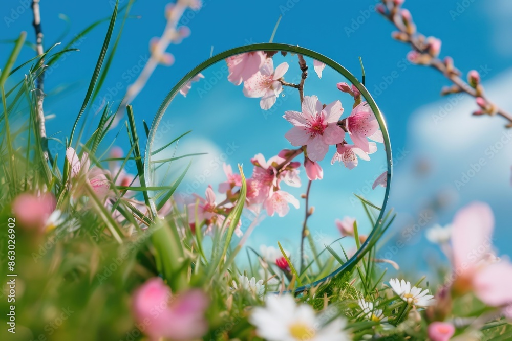 Poster A magnifying glass with colorful flowers in the foreground, great for science or nature themed projects