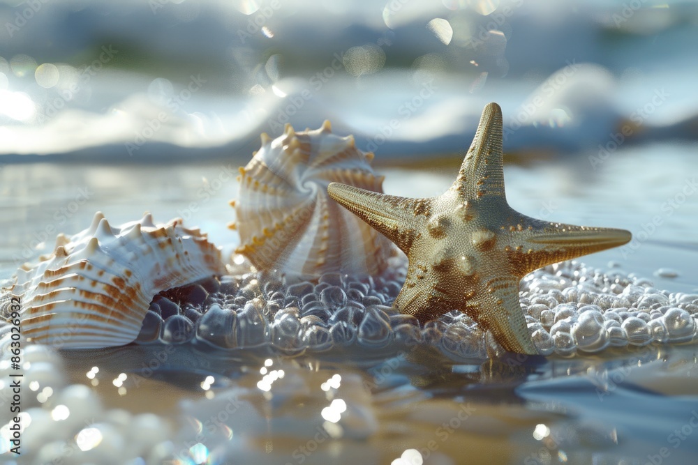 Poster coastal scene with two starfish and a shell on a sandy beach