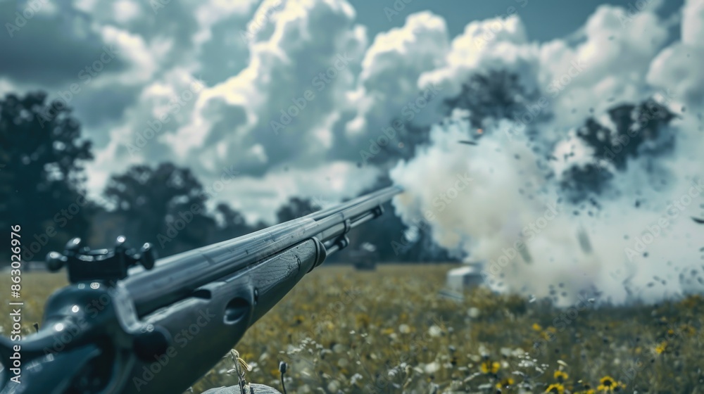 Poster a rifle shooting at a cloud of smoke in an open field, action and adventure scene