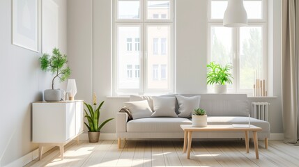 Fototapeta premium A bright and airy living room with a beige sofa, green plants, and large windows, creating a fresh and welcoming space.