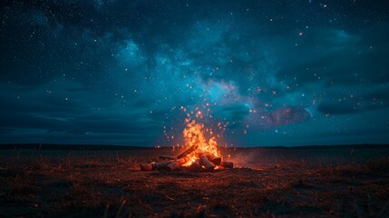A dreamy photograph of a wispy trail of smoke rising from a smoldering campfire, illuminated against a starry night sky.