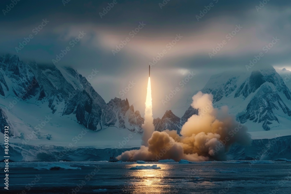 Poster A rocket blasting off into space with a mountain range in the background, perfect for use in astronomy or adventure themed projects