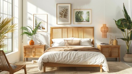 Fototapeta premium Gallery wall mockup in bright bedroom interior background with rattan wooden furniture
