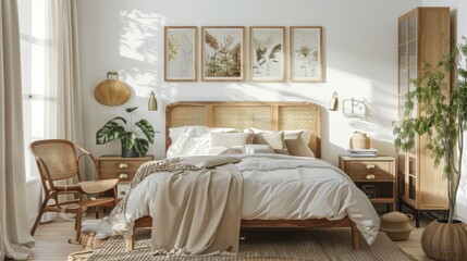 Fototapeta premium Gallery wall mockup in bright bedroom interior background with rattan wooden furniture