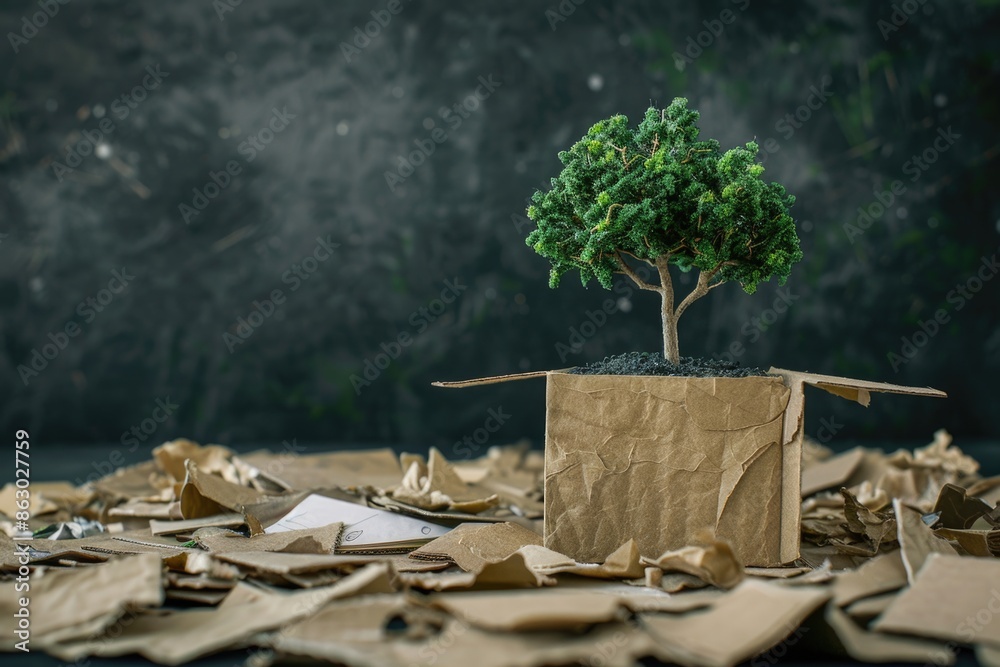 Poster A small tree is placed in a cardboard box on a table
