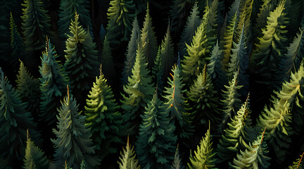 Fototapeta premium Aerial perspective of a coniferous forest, with tall evergreens creating a dense, dark green canopy.