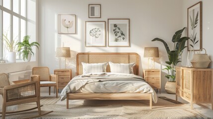 Gallery wall mockup in bright bedroom interior background with rattan wooden furniture
