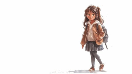 Fototapeta premium Charming Watercolor Illustration of a Young Girl Walking with a Backpack.