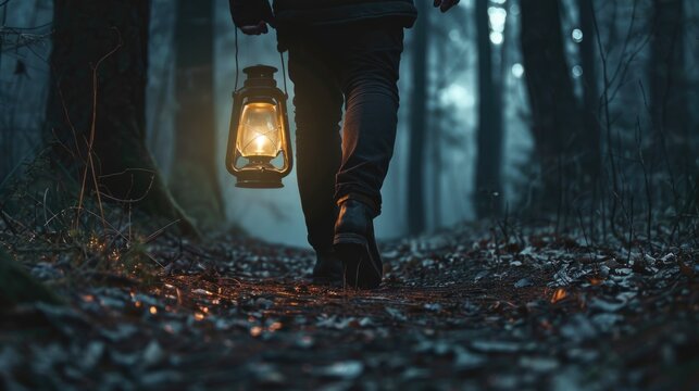 A person walks through a forest at night, carrying a lantern for light