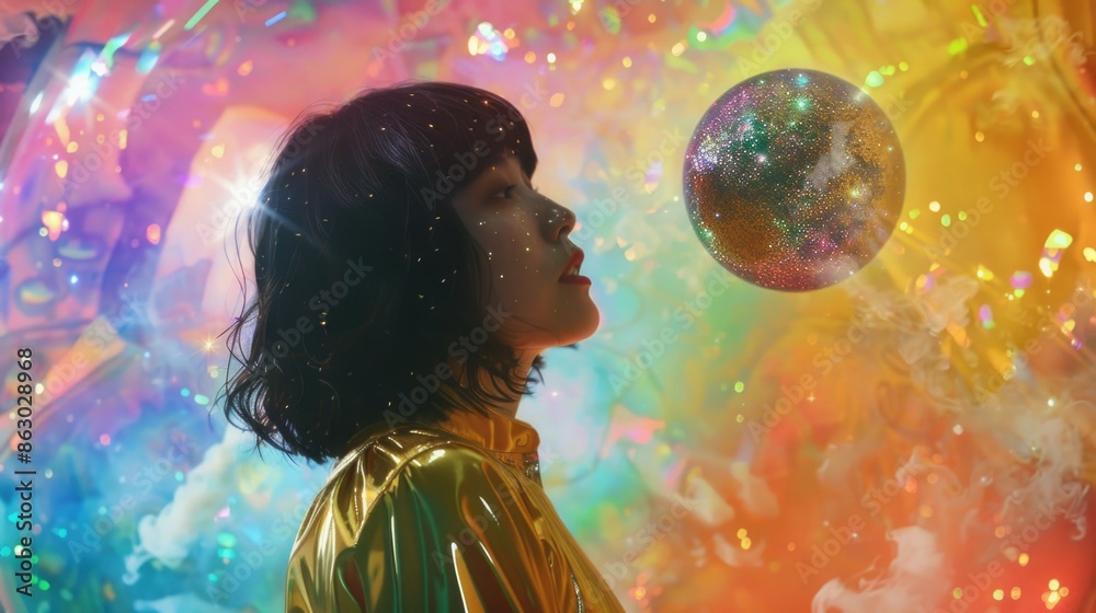 Poster a woman looks up at a shiny disco ball with a mix of fascination and joy, providing a unique atmosph