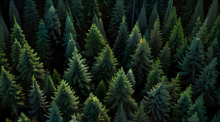 Fototapeta premium Aerial perspective of a coniferous forest, with tall evergreens creating a dense, dark green canopy.