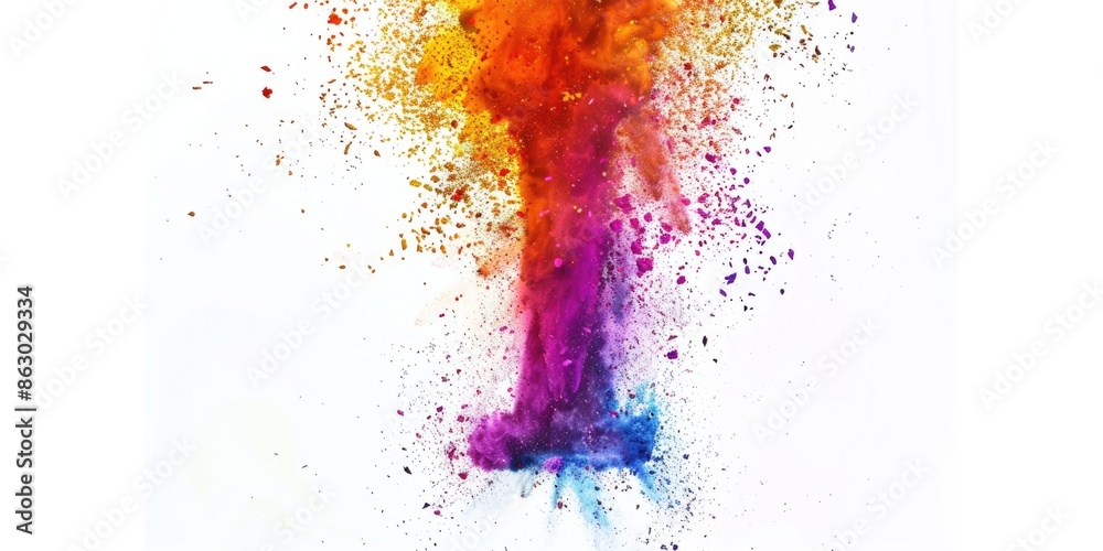 Poster A vibrant and dynamic image of a colorful explosion of colored powder on a white background