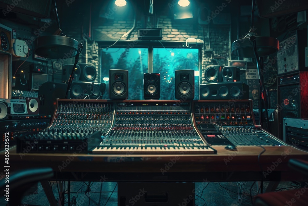 Poster Professional audio recording studio setup with various sound gear and instruments