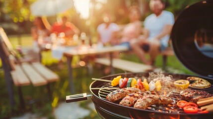 Group of friends having party outdoors. Focus on barbecue grill with food, with copy space