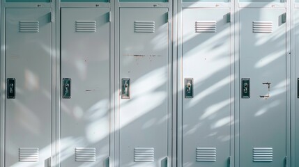 Row of Vintage Lockers with Sunlight Shadows - Generative AI