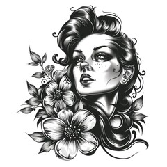 Illustration of a woman with an elegant hairstyle and floral motifs in black and white tones