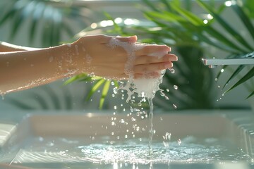 Close up of a woman washing her hands with water in the bathroom, close up focused on her hand and palm, with a blurred background. A close-up shot using focus stacking. The concept is skin care or