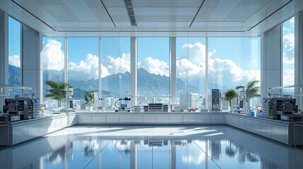 A laboratory setting with a global perspective, showcasing researchers from around the world collaborating to address shared medical challenges.