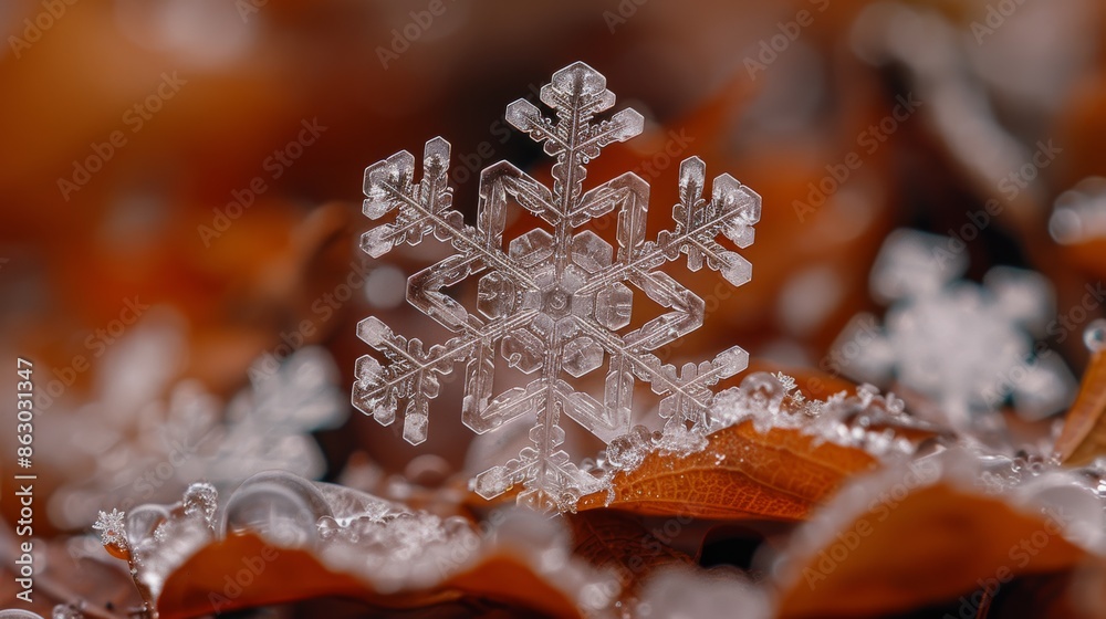 Poster a macro photograph of a single snowflake resting on a leaf, its intricate patterns visible under mag