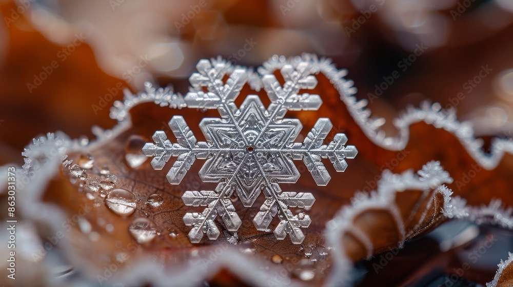 Aufkleber A macro photograph of a single snowflake resting on a leaf, its intricate patterns visible under magnification.