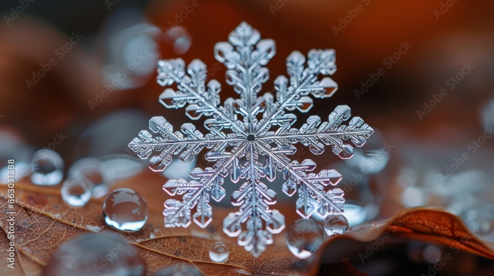 Poster a macro photograph of a single snowflake resting on a leaf, its intricate patterns visible under mag
