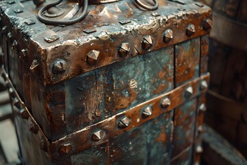 Close-Up of a Weathered Metal Chest with Rivets and Patina