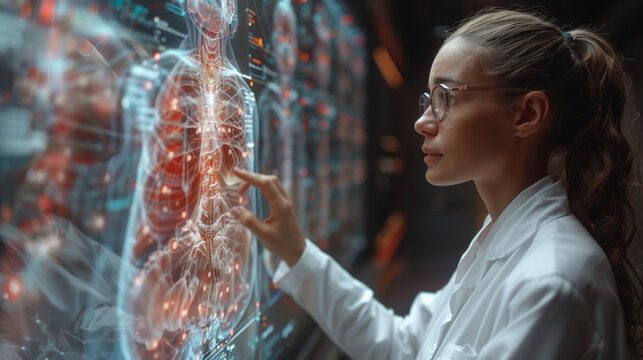 A medical team collaborating around a large holographic medical display to discuss a patient's treatment plan.