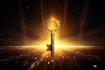 Golden key emitting bright light on a starry background, symbolizing success, mystery, and opportunity.