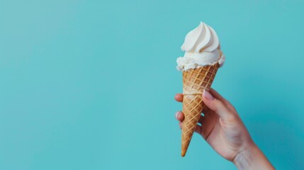 Ice cream cone on a blue background. The woman holding the ice cream by hand