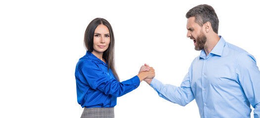 Fototapeta premium two businesspeople competing in arm wrestling isolated on white. confrontation in office. business competitors doing arm wrestling. competition for leadership. business competition. copy space