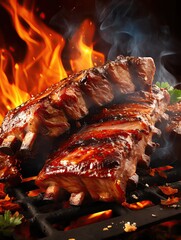 Juicy barbecue ribs grilled to perfection over a fiery flame, showcasing smoky meat with a mouth-watering glaze.
