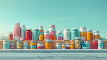 A meticulously arranged composition of pill bottles and their scattered pills against a calming mint green backdrop, creating a designated space for text.