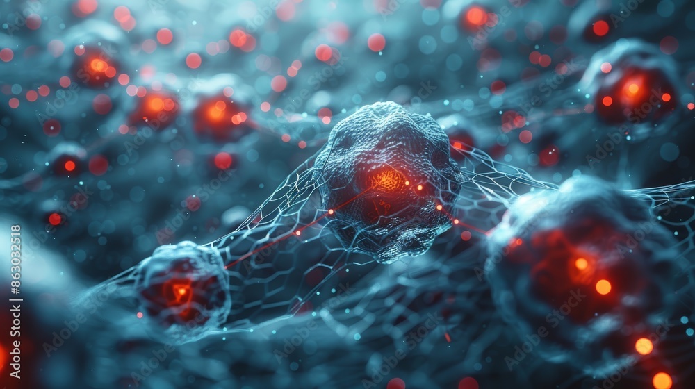 Poster a microscopic view of a complex biological pathway, with intricate connections and interactions betw