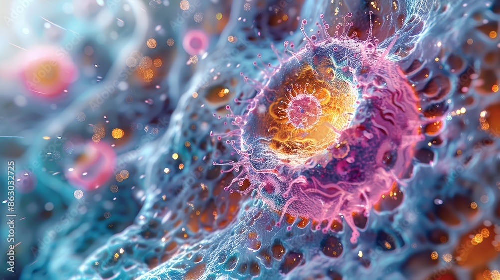 Poster a microscopic view of a healthy cell, its structures and organelles clearly visible, representing th
