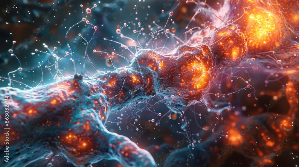 Poster a microscopic view of a newly discovered cell type or biological process, revealing the intricate wo