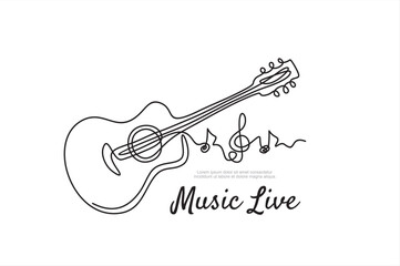 Obraz premium One line acoustic guitar illustration with notes. Music live. Music band instrument line art. steel guitar logo icons vector design. 