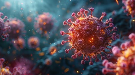 A microscopic view of a virus or bacteria being attacked by newly developed antibodies, captured in stunning detail and vibrant colors.
