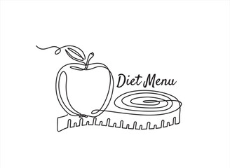 Continuous one line drawing of Measure tape and apple. Diet menu. Healthy eating and dieting, line art concept.