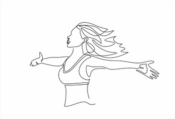 Continuous one line Drawing of a woman stretching arms is relaxing. 