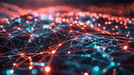 Network connection and communication concept with digital nodes and lines.