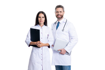 doctor internist with clipboard isolated on white. prescriber physician with nurse. prescription. medicine and healthcare. doctor at hospital. doctor hold medical prescription. hospital chart