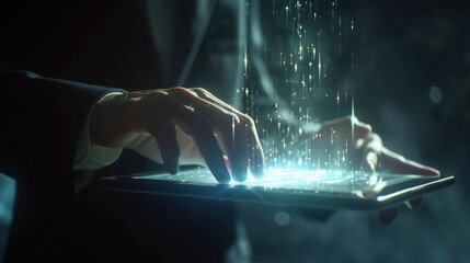 businessman hold tablet on hand, hologram data graph