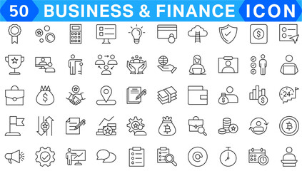 Finance and business line icons collection. Big UI icon set in a flat design. Thin outline icons pack. Vector illustration